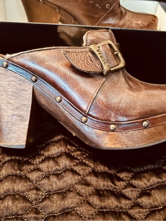 Frye Shoes - Frye Brown Leather Studded Clog Mule with Branded Buckle